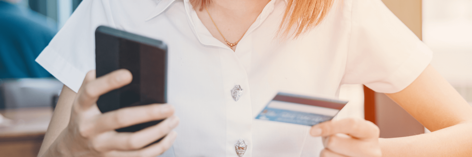 girl teen using smart phone to online shopping credit card payment platform university uniform model.