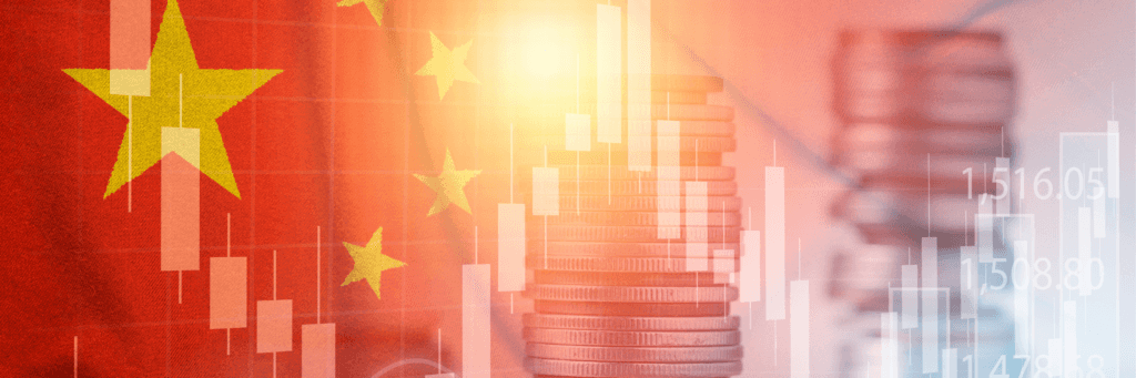 Double exposure of China flag , coins stacking and investment graph chart. China stock investment concept.