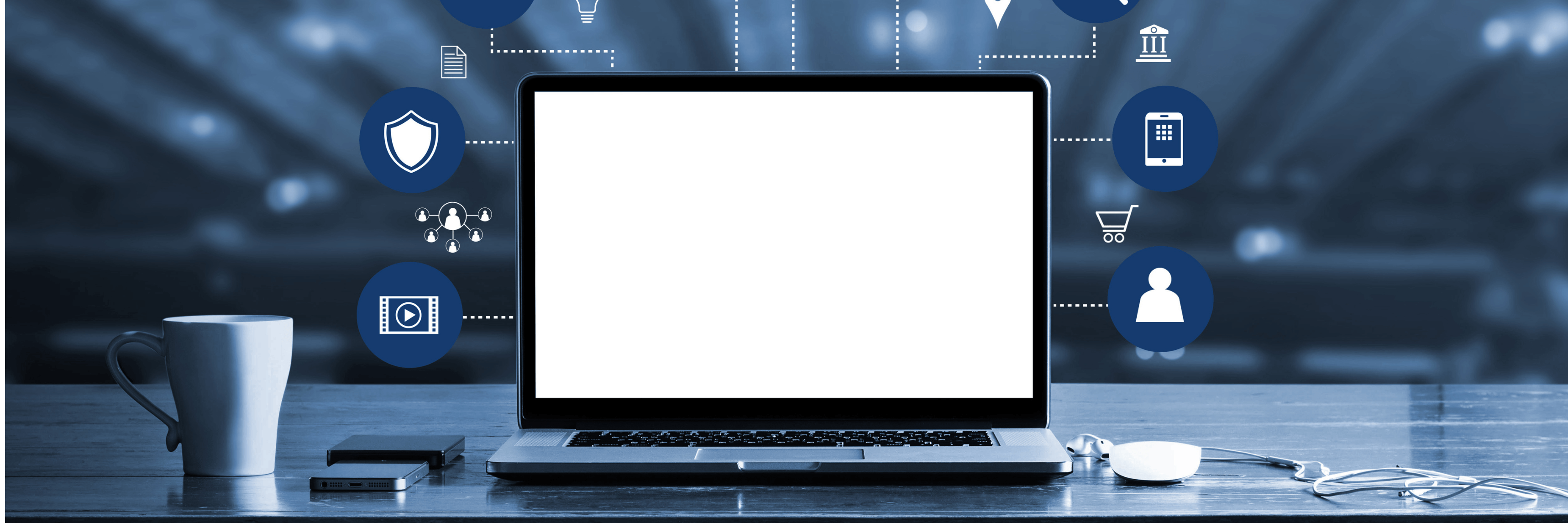 Digital marketing. laptop computer with white screen blank and virtual icon digital marketing network connection. Digital transformation and management business, media technology, blue tone.