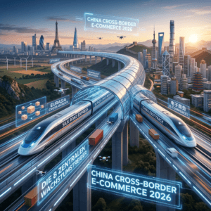 China Cross-Border-E-Commerce 2026: Hochgeschwindigkeitszüge auf digitalen Datenautobahnen verbinden Shanghai mit Europa – Symbolbild für die 8 zentralen Wachstumstreiber