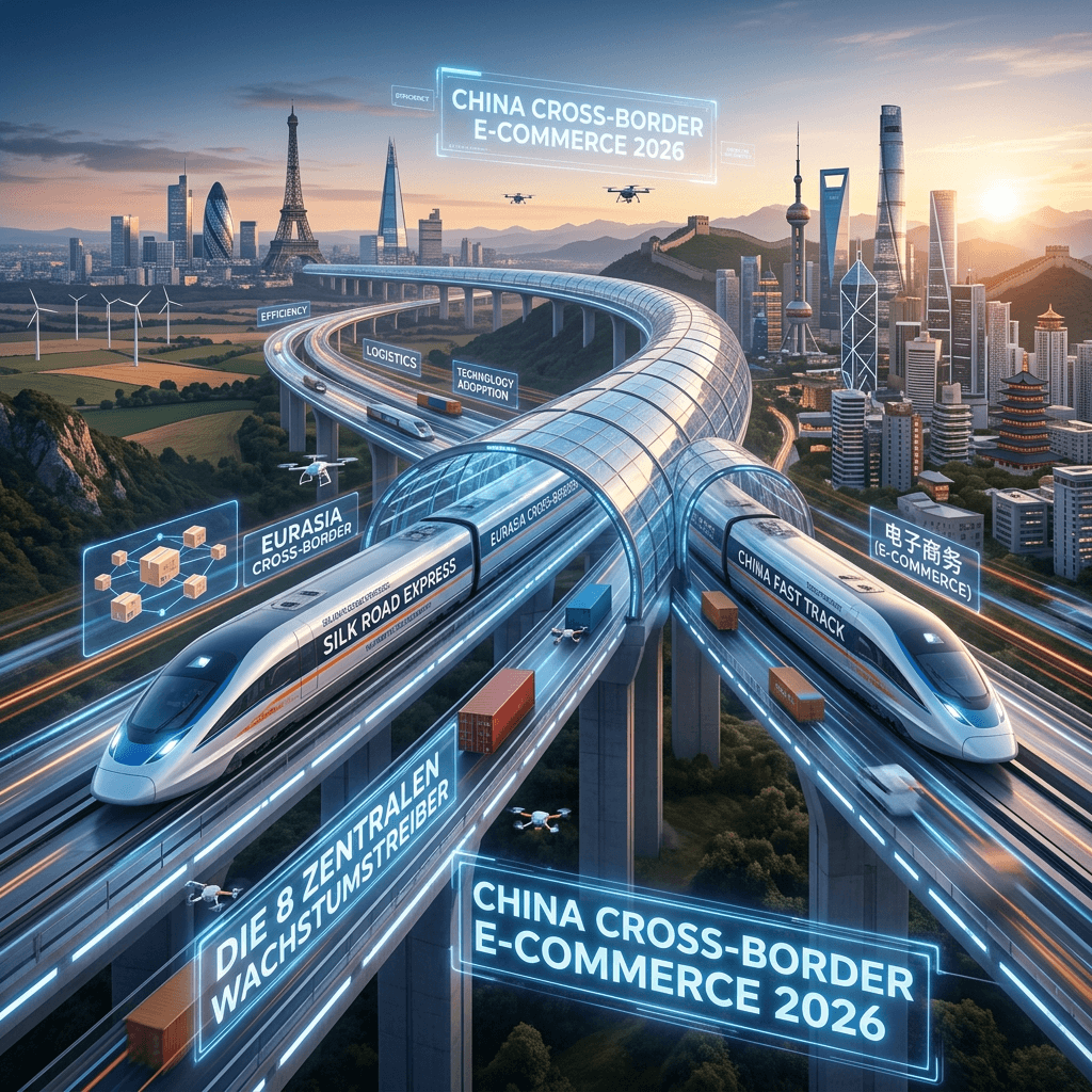 China Cross-Border-E-Commerce 2026: Hochgeschwindigkeitszüge auf digitalen Datenautobahnen verbinden Shanghai mit Europa – Symbolbild für die 8 zentralen Wachstumstreiber